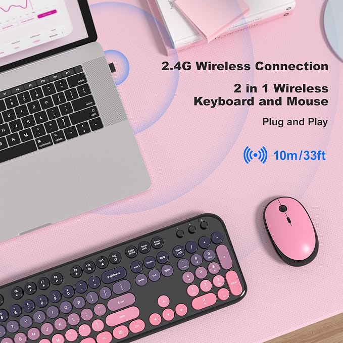 MOFII Wireless Keyboard and Mouse Combo, Full Size 2.4G Retro Round Computer Keyboard and Mouse Set, Plug and Play, for Windows, Computer, Desktop, PC, Notebook - (Lovely Plum Pink Gradient)