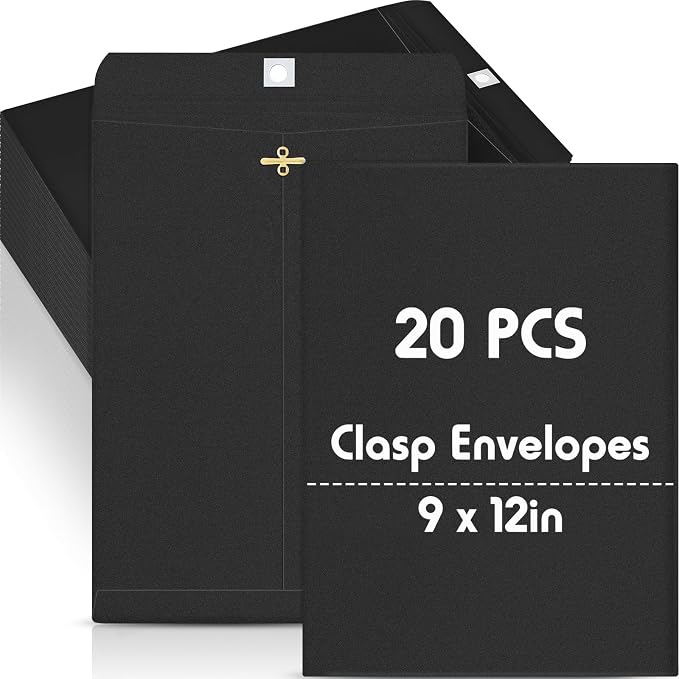 Geyee 20 Pcs 9 x 12 Inch Clasp Envelopes Letter Size Mailing Envelopes with Clasp Closure for Filing Storing Documents Office Home Business School (Black)