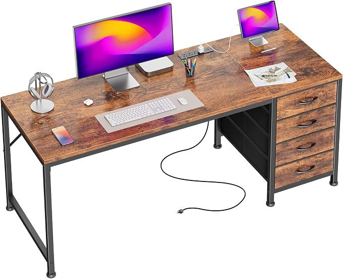 55.1 Inch Computer Office Desk with Power Outelts and USB-C Port, Reversible Gaming Desk with 4 Fabric Drawers, Work Study Desk Work from Home, Rustic Brown