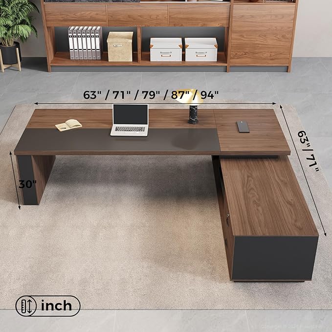87" L-Shaped Executive Desk with Reversible Return, Locking Drawers, Built-in Power Outlet & LED Accent Light, Modern Office Desk with Storage and Privacy Panel, Walnut & Graphite Gray