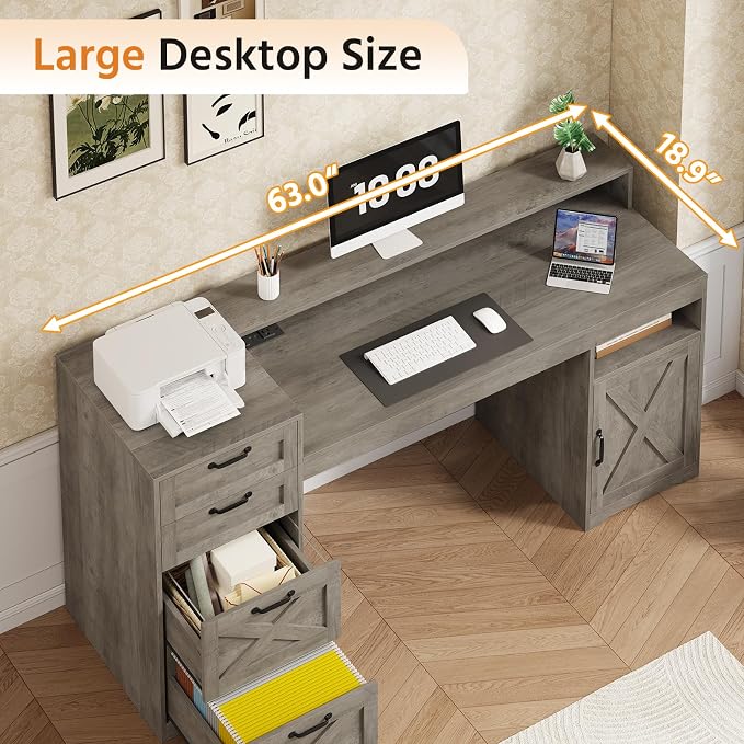 63" Farmhouse Computer Desk with 4 Drawers for Home Office, Bedroom | Executive Desk with Printer Shelf, Monitor Stand, Home Office Desks with Power Outlets, Storage Shelves, Grey