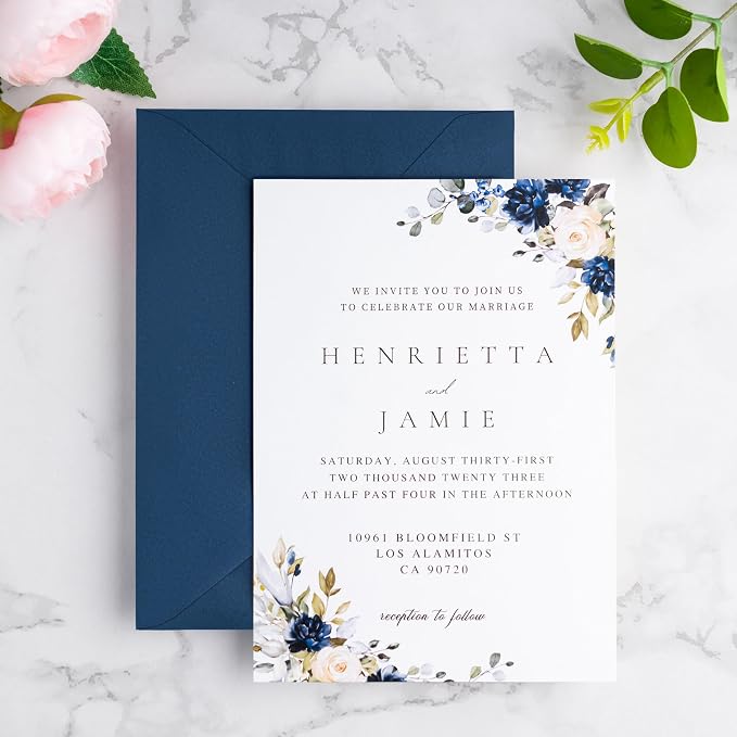 PONATIA 50 PCS/Pack A7 Envelopes, Euro Flap 5x7 Envelopes for Wedding Invitations, Greeting Cards, Acrylic Invitations, Photos, Postcards, Christmas Mailing 5.25 x 7.25 inches (Navy Blue)