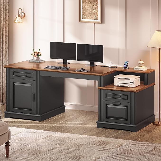 SEDETA Farmhouse Executive Desk, 62'' Home Office Desk with File Drawers, 3Drawer and Storage Cabinet, Computer Desk with Power Outlet for Home Office, Work Study Writing, Black + Walnut