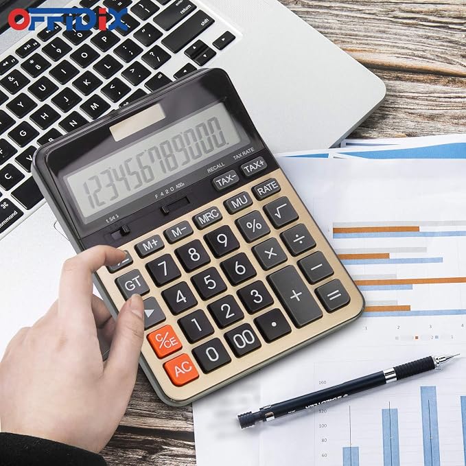 OFFIDIX Big Number Office Calculator with Large LCD Display, Dual Power ﻿ ﻿ | Ultra-Clear 12-Digit Display with Solar/Battery, Big number reading with large LCD screen. Solar-powered for daily