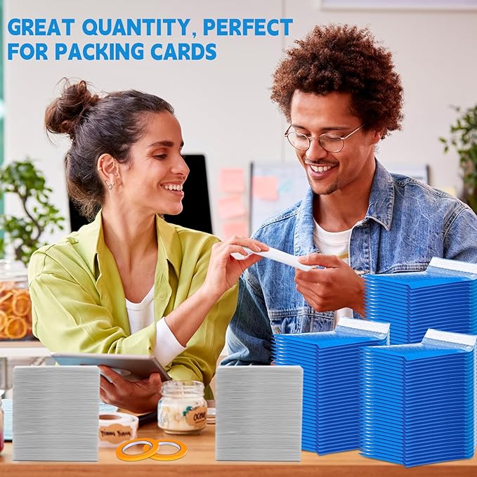 302 Pcs Trading Card Shipping Protector Set Include 200 Precut Plastic Inserts Card Mailers 100 Poly Bubble Mailers Padded Envelopes and 2 Masking Tape(Blue,5.1 x 5.9 Inch)