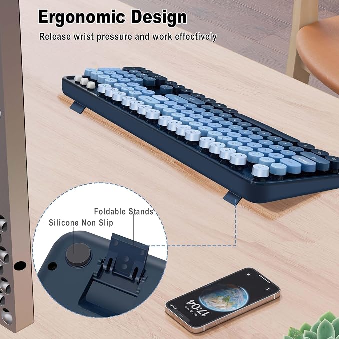 Wireless Keyboard Mouse, Cute Colorful 104 Keys Typewriter Blue | Full Size With Number Pad & Mouse,Compatible With All Windows,Ideal For Windows,1600DPI,Computer, PC, Notebook, Laptop