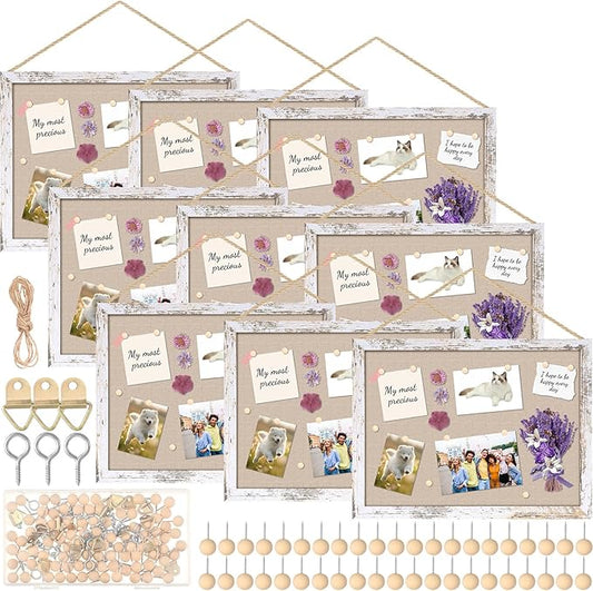 Teling 9 Pack Wood Bulletin Boards with Linen 12''x 16'' Cork Board for Walls with 90 Pushpin Decorative Wood Framed Display for School Office Home Decor (Netural White)