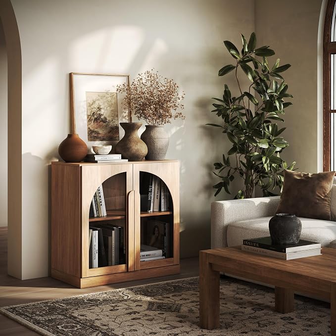 BELLEZE 2 Tier Bookshelf with Arched Glass Door, Modern Display Bookcase Shelf with Storage and Adjustable Shelves, Wood Bookshelves for Living Room Office Entryway (Camel)