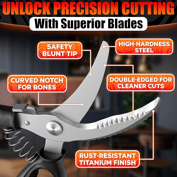 Poultry Shears Heavy Duty – Stainless Steel Chicken Shears with Spring Loaded Design, Non-Slip Serrated Edge & Safety Lock, Dishwasher Safe – Bone Cutting Scissors for Turkey, Poultry & Spatchcock