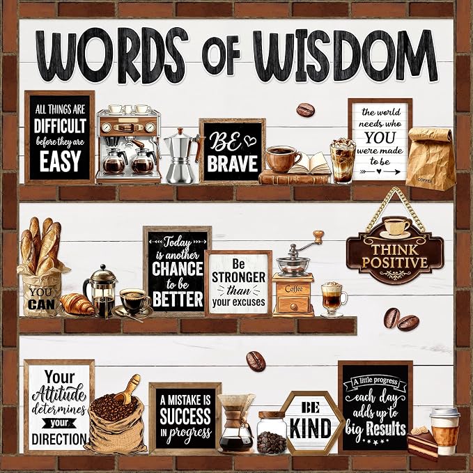 Mooliwe 57 Pcs Coffee Bulletin Board Set Inspirational Classroom Cutouts | Industrial Style for School Office, Coffee Shop Chalkboard Door Decor, Motivational Quotes for Classroom Wall Display
