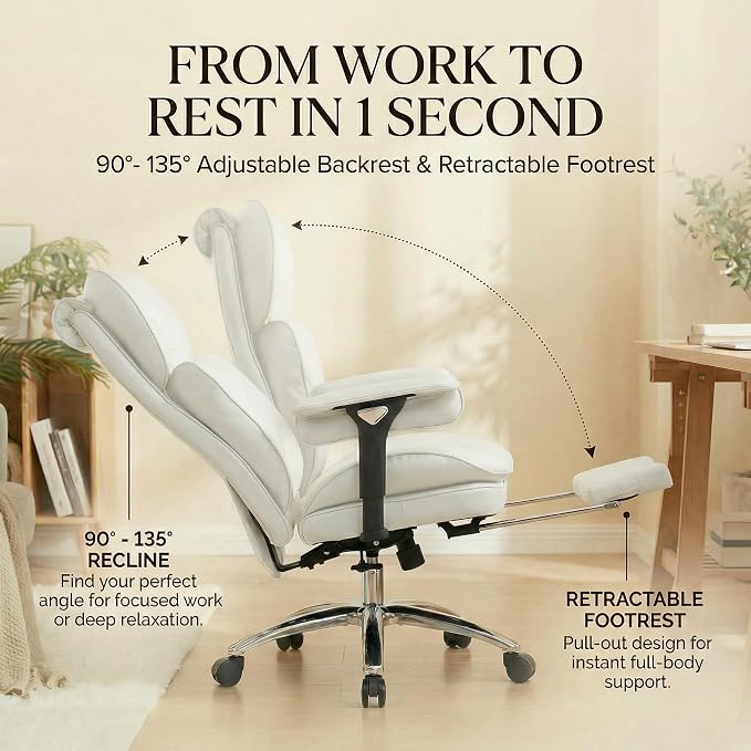 Efomao Big & Tall Desk Chair, Wide Executive Office Chair with Footrest White