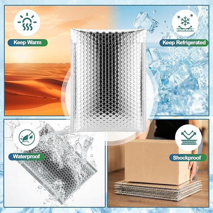 200 Pack 8 x 11 Inch Insulated Bubble Mailers, Silver | Self Seal Closure, Foil Lined Interior, Padded Cushioning, Waterproof, Cold Delivery Packing, for Food and Cosmetics