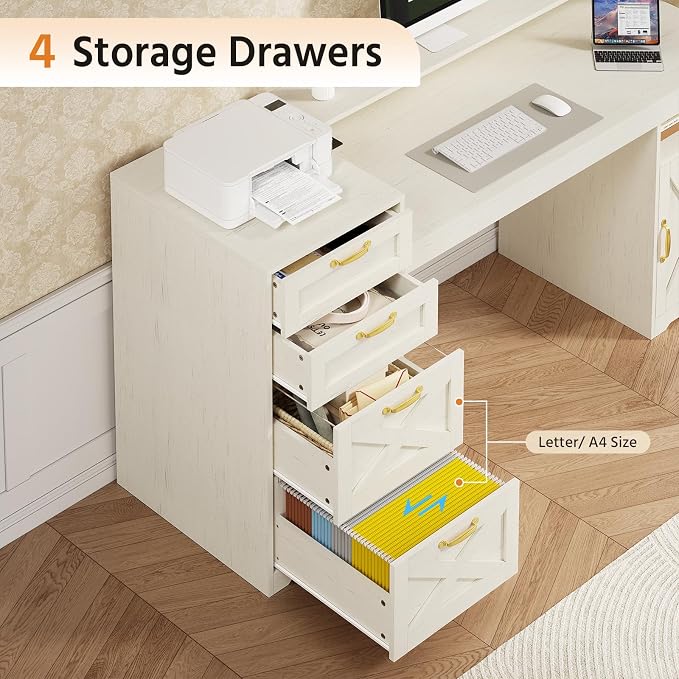 63" Farmhouse Computer Desk with 4 Drawers for Home Office, Bedroom | Executive Desk with Printer Shelf, Monitor Stand, Home Office Desks with Power Outlets, Storage Shelves, White