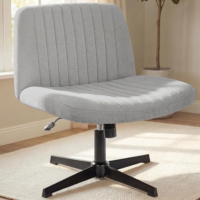 NEO CHAIR Criss Cross Chair with No Wheels, Cozy Wide Armless Seat, Grey | Cross-Legged Friendly, Comfy Support for Office, Desk, or Vanity, Smooth 360° Swivel Motion with Adjustable Height and Tilt