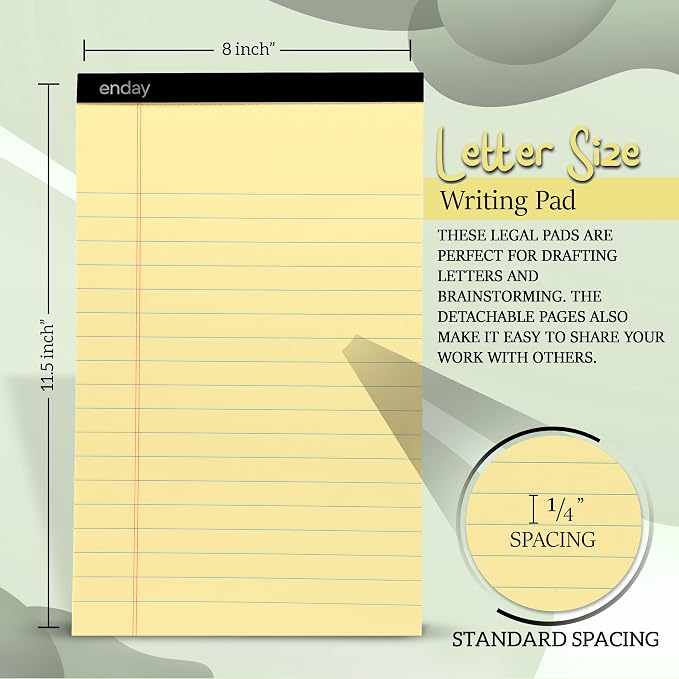 Enday Yellow Legal Pads 8.5 x 11 Inch, (12 Pack) 50 Sheets per Notepad, Note Pads, Legal Ruled Writing Pad with Perforated Pages, Yellow Paper Legal Pad for Work and Note-Taking