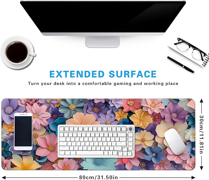 Flower Topics Mouse Pad 31.5 X 11.8 Inch Gaming Mousepad Keyboard Pad Large Non-Slip Rubber Base Mice Mat with Stitched Edges for Home Office Computer Desk Decor