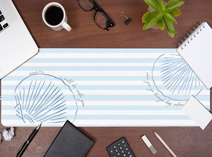 Beach Coastal Desk Mat Summer Blue Mouse Pad Large 31.5x11.8 | Christian Desktop Mats For Desk, Blue And White Laptop Keyboard Mat, Coastal Decor For Office Dorm,Christian Desk Mat