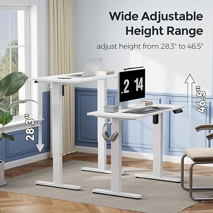 Small Standing Desk, 35" ×20" Electric White Standing Desk, Height Adjustable Compact Sit Stand Workstation with Splice Board, Home Office Desk with 2 Hooks