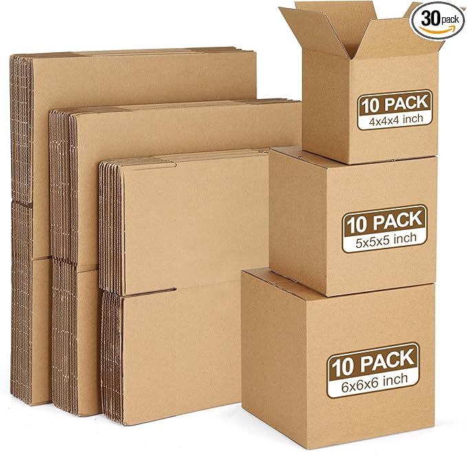 Eupako 30 Pack Small Shipping Boxes Assorted Sizes, 4x4x4 & 5x5x5 & 6x6x6 10 PCS Each Mailing Boxes, Brown Corrugated Box Mailers, Cardboard Boxes for Packaging Small Business