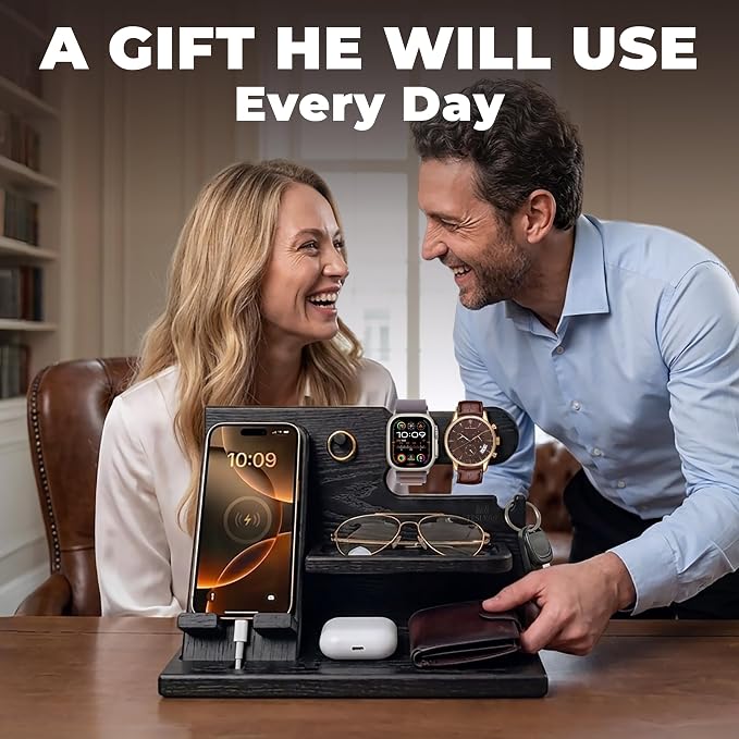 TESLYAR Wood Phone Docking Station for Men - Desk or Nightstand Organizer - Birthday Gifts for Husband, Dad - Anniversary Idea from Wife - Key Holder, Stand Wallet, Watch & Essentials (Granite Black) | Solid Ash Nightstand Organizer with Key Holder, Wa...