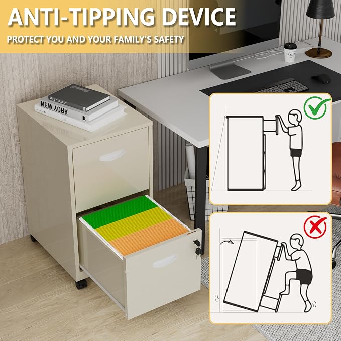 Polup 2 Drawer Rolling File Cabinet with Lock for Home Office | Metal Mobile Filing Cabinet on Wheels, Small Under Desk Storage, Fits Hanging Letter Size, Printer Stand, Cream
