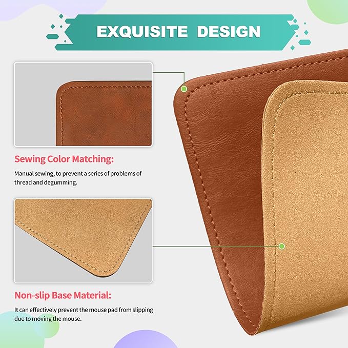 Mouse Pad, PU Mouse Pad，Leather Mouse Pad with Stitched Edge Micro-Fiber Base with Non-Slip Waterproof，Mouse Pad for Computers，Laptop, 8x11Inch (Caramel Brown)