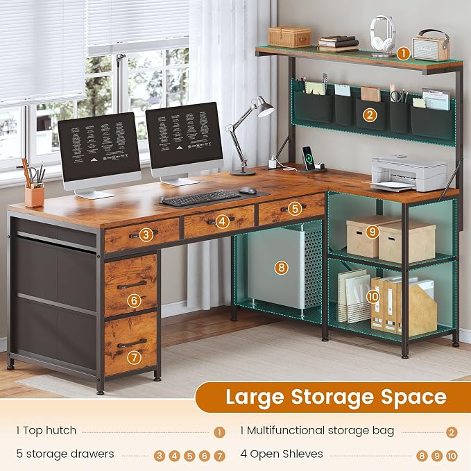 SEDETA 47.2" Reversible L Shaped Office Desk with Drawers, Hutch, Shelves | L Shaped Computer Desk with 5 Fabric Drawers, Storage, Power Outlet and LED Lights for Home Office, Rustic Brown