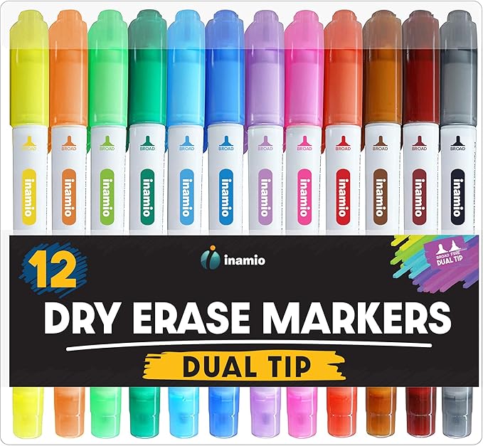 inamio Dry Erase Markers for Whiteboard – Ultra Fine Tip White Board Markers – Dual Tip, Pastel Colors - Fine Point Erasable Markers - 12 Set