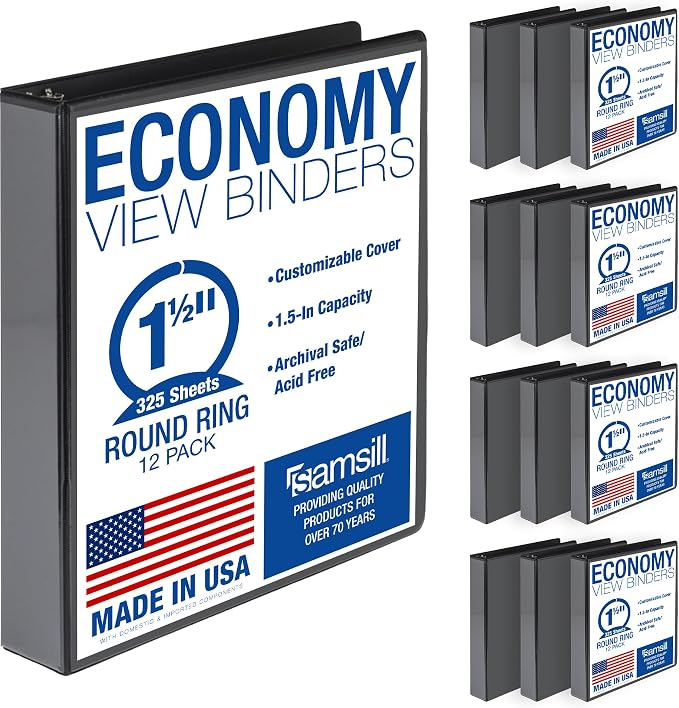Samsill 1.5 Inch 3 Ring Binders, Economy Round Ring, Clear View Cover, 325 Sheet Capacity - for School, Home, Office - Black, 12 Pack