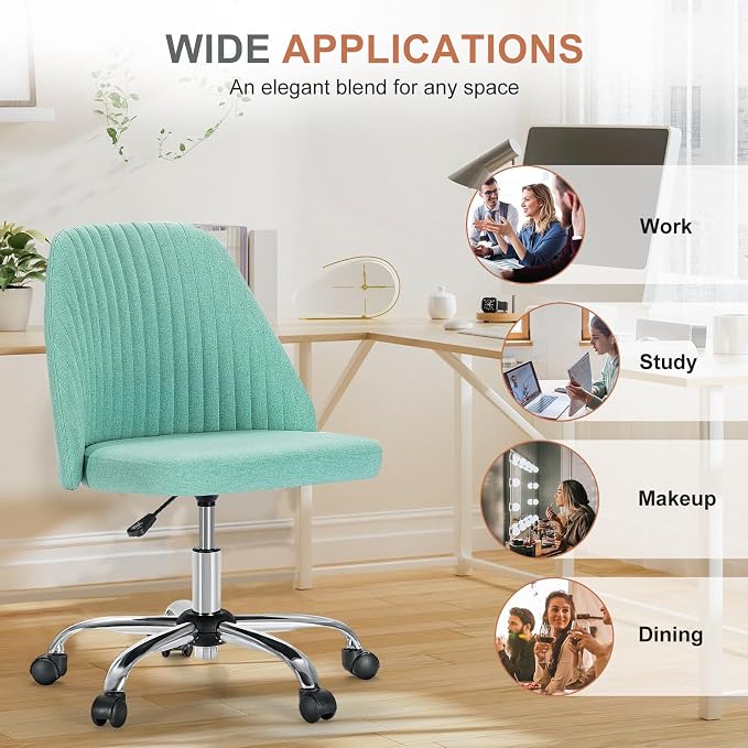 DUMOS Home Office Chair, Comfy Desk Chair with Rolling Wheels | Armless Height Adjustable, Wide Seating, Vanity Swivel Task, Bedroom Student Adults, Aqua