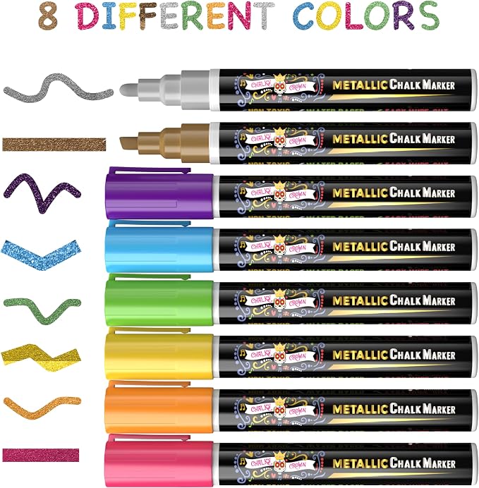 CHALKY CROWN Metallic Liquid Chalk Markers - Chalkboard Markers - 8 Pack,6mm