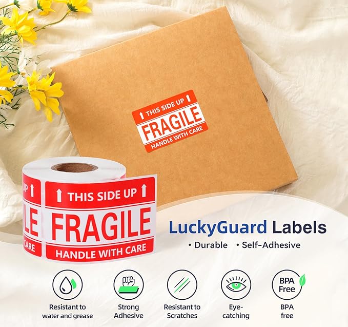 3 x 2 Inch Handle with Care This Side Up 300 Permanent Adhesive Fragile Stickers for Shipping Moving Glass Labels (1 Roll, 300 Labels)