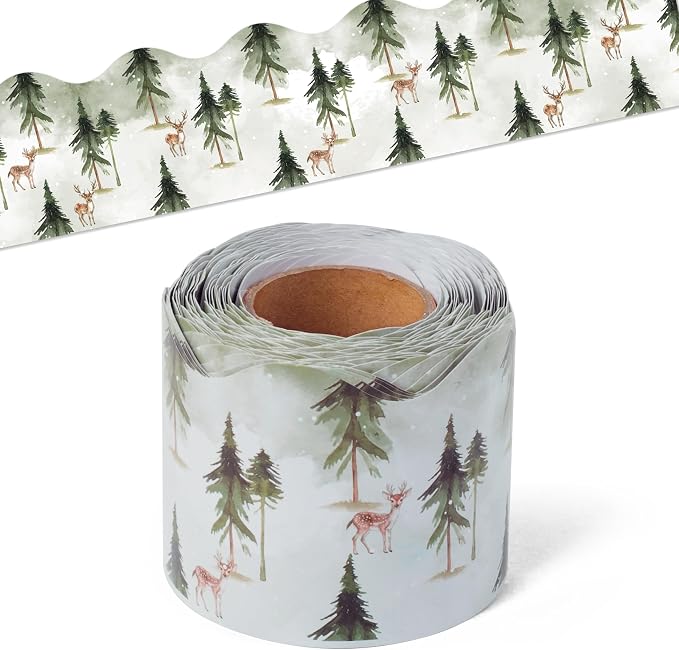 BeYumi Green Forest Border Trim - 65ft Back to School Sage Green Watercolor Forest Wonderland Rolled Border Trim Tree Deer Bulletin Board Borders Party School Classroom Office Home Chalkboard Decor