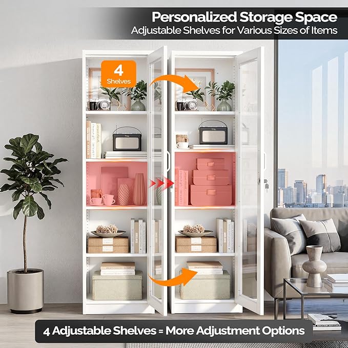 VINGLI Lockable Display Cabinet with Glass Door & 4 Adjustable Shelves, 65" Tall Metal Storage Cabinet Curio Liquor, Bookshelf Bookcase for Home Office Living Room Pantry Garage (White)