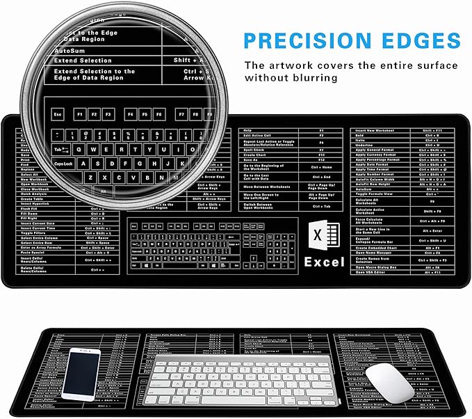 Excel Cheat Sheet Desk Pad, 31.5"x11.8", Waterproof Extra Large Excel Shortcut Mat with Stitched Edges, Anti-Slip Excel Mouse Pad for Office Desk, MS Excel/Word Shortcuts (Black Excel)