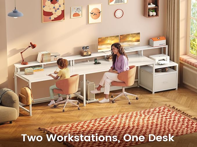 SEDETA 66" Reversible L Shaped Computer Desk with Power Outlet, File Drawer | Home Office Desk with Monitor Shelf, Storage Shelves, LED Lights for Corner Small Spaces, Gaming, White