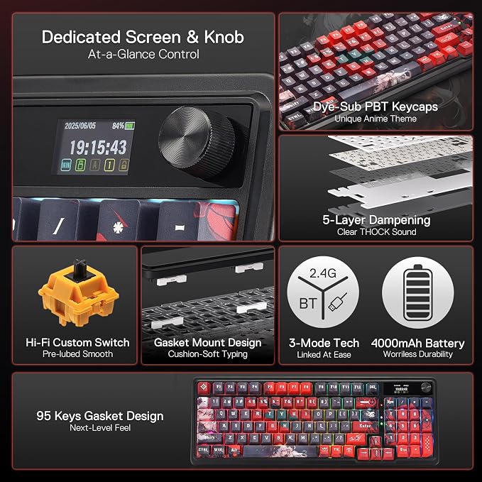 Redragon Anime Keyboard & Mouse Combo, K719 PRO KB + M612AK 8000 DPI Mice | Multi-Function Control Knob, LED Screen & Knob, 0-Delay Tri-Mode, 95 keys Creamy Cushioned Typing, 9 Button Macro Combos