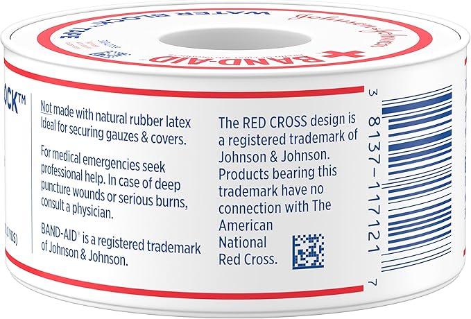 Band-Aid Brand First Aid Water Block 100% Waterproof Self-Adhesive Tape Roll for Durable Wound Care to Firmly Secure Bandages, 1 in by 10 yd