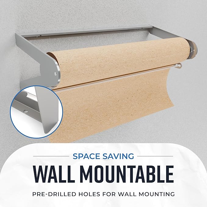 Bryco Goods - 24 Inches All Paper Roll Dispenser and Cutter Made of Heavy-Duty Steel Frame & Sharp Blade. Holds, Dispenses & Cuts. Wall Mountable & Non-Slip Tabletop. Up to 1000ft Rolls