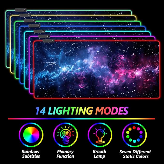 AIMSA LED Gaming Mouse Pad RGB, Large Mouse Pad with 14 Light Modes, Keyboard Mousepad Led Extended Surface (35.4 x 15.8 in) for Desktop Gamers, Blue Purple Starry Nebula