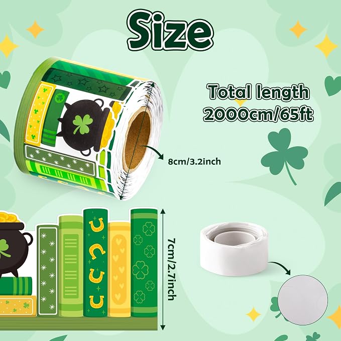 BeYumi Shamrock Bookshelf Border Trim - 65ft St Patrick's Day Green Books Rolled Border Trim Green Shamrock Bookshelf Bulletin Board Set Library Classroom Office Chalkboard Home Wall Party Decoration