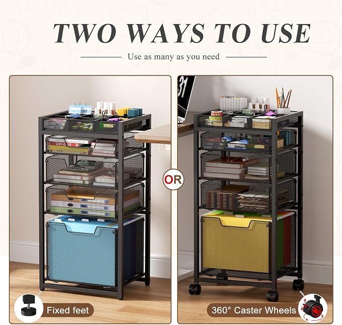 Rolling File Cart with 4 Storage Drawers, Under Desk Organizer with DIY Divider, Moblie Filing Cabinet on Wheels, Fits A4/Letter Size, Metal Utility Cart for Home Office, Black
