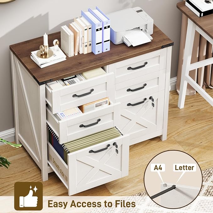 Halitaa Farmhouse Lateral File Cabinet with 6 Drawers, Rustic White | Lateral Filing Cabinet with Lock for Letter/A4 Size Hanging File, Wood File Storage Cabinet Printer Stand for Home Office