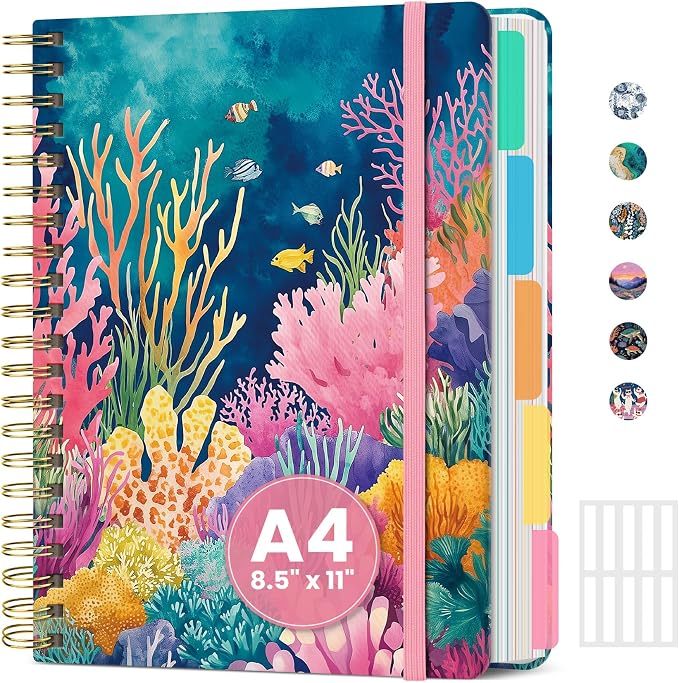 ZOTIA Large Spiral Notebook for Work, 8.5" x 11" Journal for Women, Cute 5 Subject Notebook with Removable Dividers & Tabs, College Ruled Lined Journal for Office and School, 280 Pages, Coral Garden