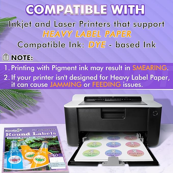 Koala Round Labels 2 Inch, Glossy Waterproof Printable Circle Stickers for Inkjet and Laser Printer, 240 Circle Labels for Brand Logo, Bottle, Jar