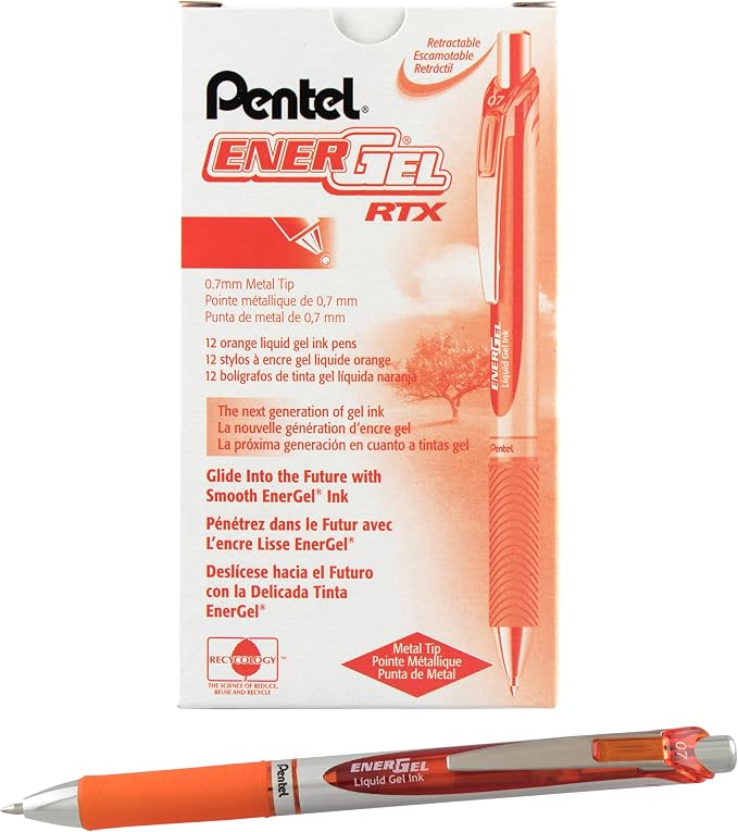 EnerGel RTX Retractable Liquid Gel Pen, (0.7mm) Metal Tip, Medium Line, Orange Ink, Box of 12 (BL77-F)