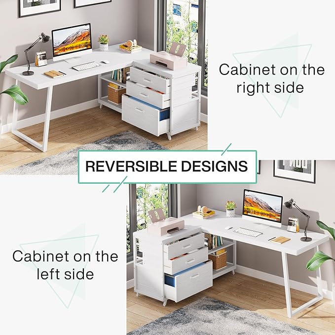 Tribesigns L-Shaped Computer Desk with 3 Drawers, Reversible Corner Home Office Desk with Shelves, 53-Inch Industrial PC Desk Study Writing Table Workstation for Small Space, White