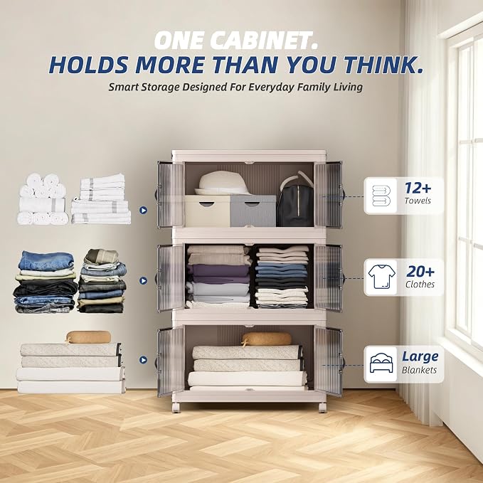 SAILUN 381Qt Extra Large Stackable Storage Bins Folding Collapsible Storage Bins with a Lid, Closet Organizers and Storage Blush White 28" W x 17" D x 46" H | Stackable Storage Drawers with Lids,28" W x 17" D x 46" H,Featuring open-front Access for Clo...