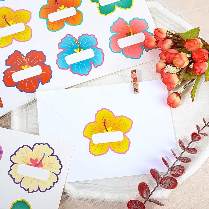 Whaline 90Pcs Hibiscus Flower Name Tag Stickers Colorful Floral Blank Nameplate Decals 9 Styles Self-Adhesive Name Labels for Summer Hawaiian Classroom Students Desk Office Decor
