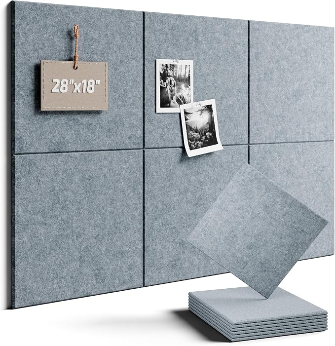 28" x 18" Felt Bulletin Board Tiles, Solid-Tile, Blue Gray | 6-Pack Cork Board Alternative, 30 Adhesive Tabs, Push Pin Board, Wall Decor, Office, Home, Classroom, Dorm